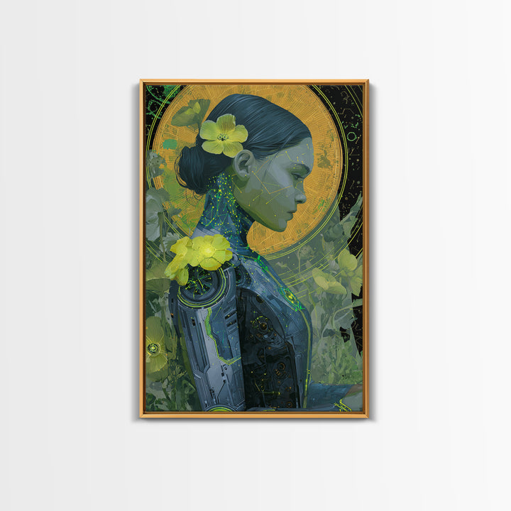 Android Woman with Glowing Circuitry and Flowers Framed Canvas Print, Cyberpunk Art, Cyberpunk Helmet, Living Room Decor, Neon, CYB-2x3-83