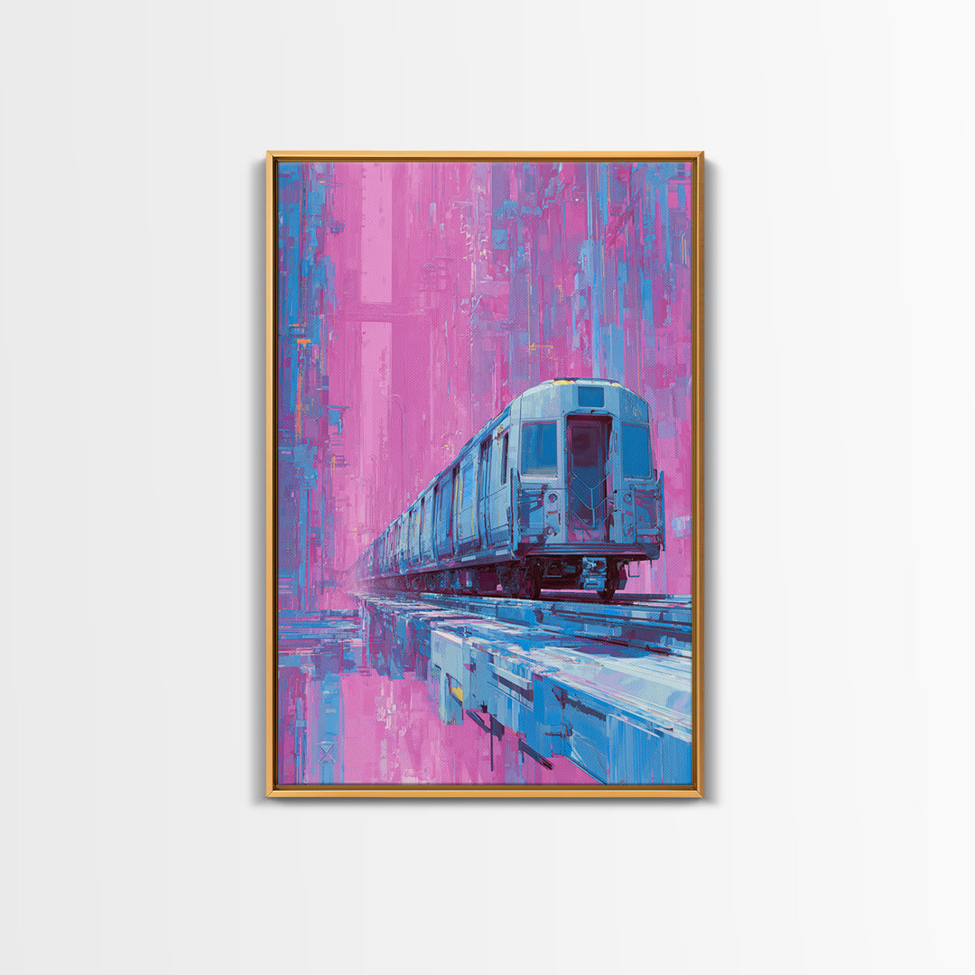 City Train Rushing Through Pink Electric Haze Framed Canvas Print, Cyberpunk Art, Cool Wall Art, Living Room Decor, Neon, CYB-2x3-93