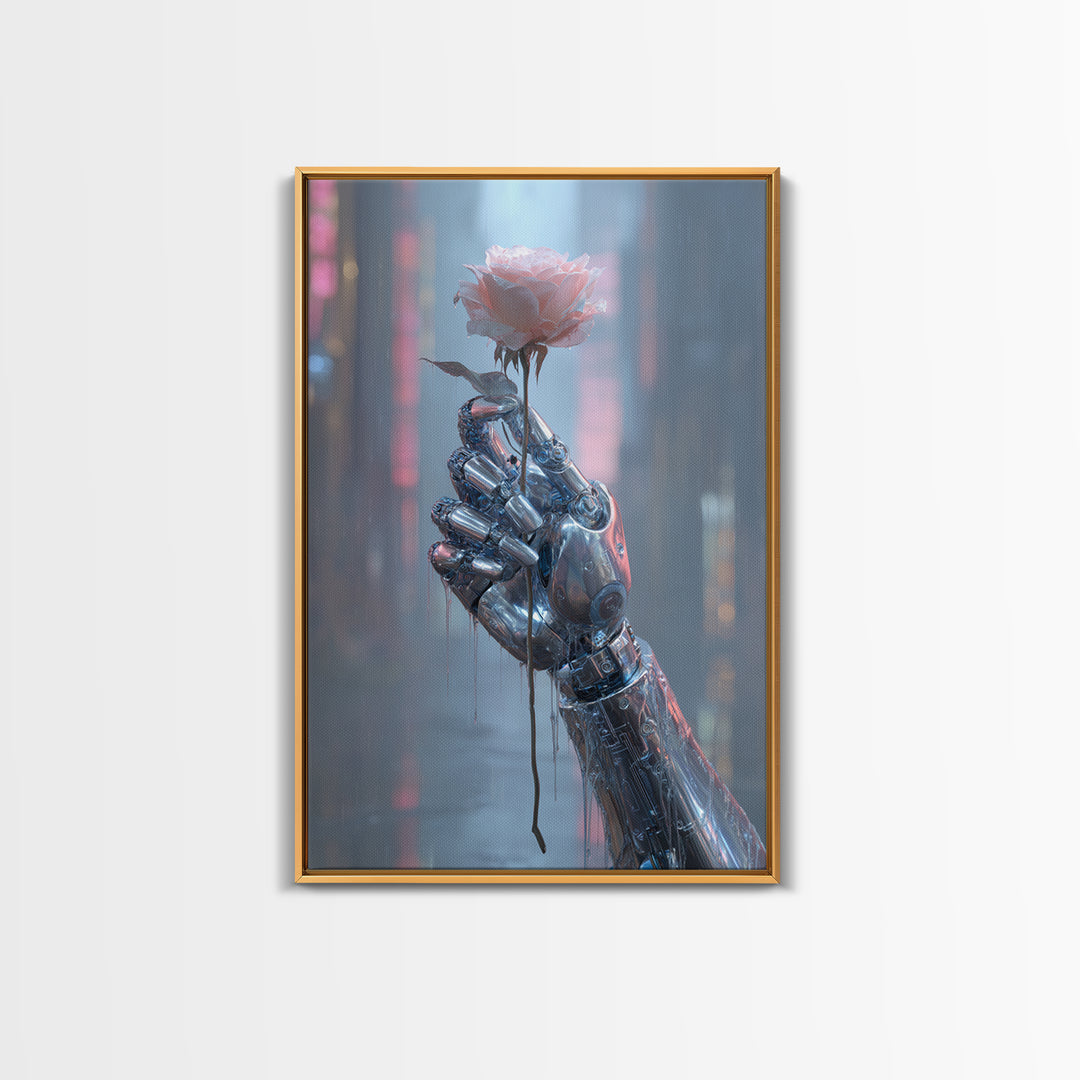 Robotic Hand Holding a Real Rose Canvas Print, Cyberpunk Art, Cool Wall Art, Living Room Decor, Fine Art, Neon, Gallery Decor, CYB-2x3-96