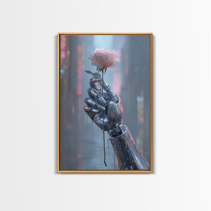 Robotic Hand Holding a Real Rose Canvas Print, Cyberpunk Art, Cool Wall Art, Living Room Decor, Fine Art, Neon, Gallery Decor, CYB-2x3-96