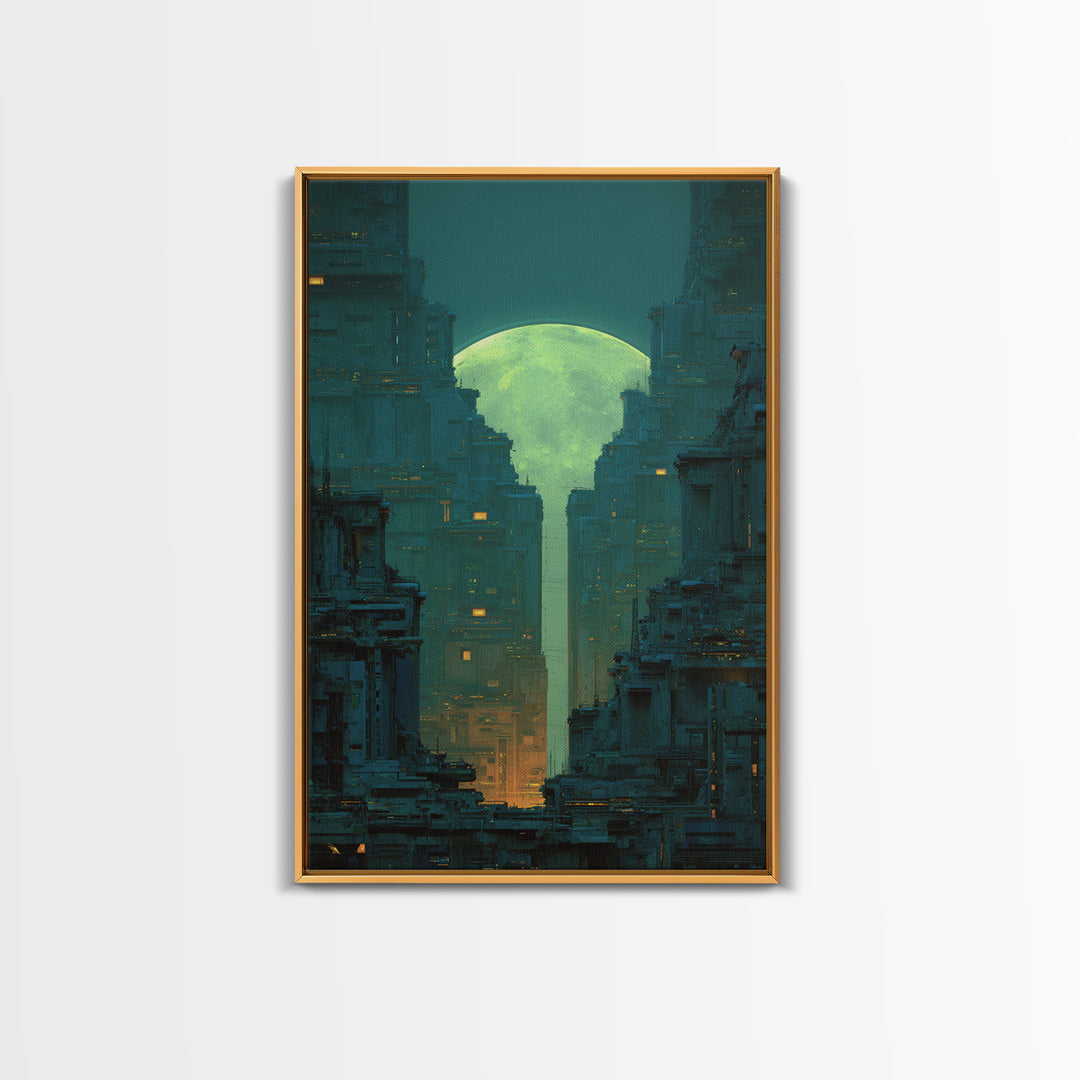 Dystopian Moon over Dense Rooftops Framed Canvas Print, Cyberpunk Art, Digital Wall Art, Living Room Decor, Watercolor Art, CYB-2x3-98