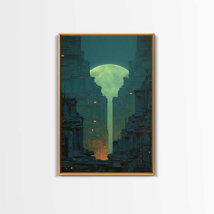 Dystopian Moon over Dense Rooftops Framed Canvas Print, Cyberpunk Art, Digital Wall Art, Living Room Decor, Watercolor Art, CYB-2x3-98