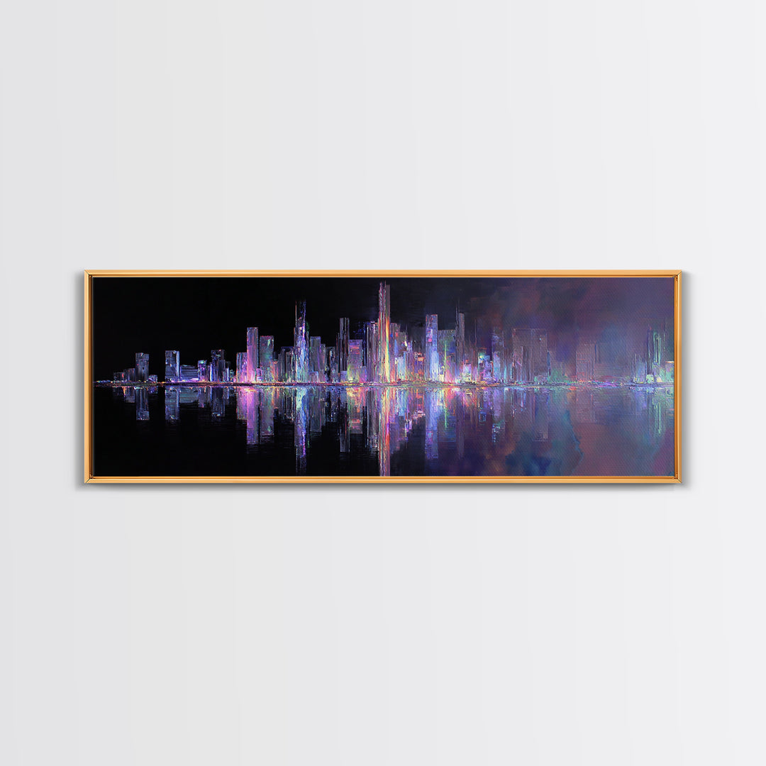 Neon Skyline Reflected Canvas Print, Cyberpunk Art, Modern Decor, Living Room Decor, Abstract Art, Neon, Poster, Wall Decor, CYB-3x1-14