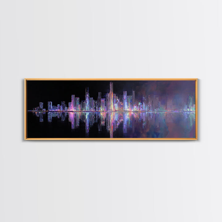 Neon Skyline Reflected Canvas Print, Cyberpunk Art, Modern Decor, Living Room Decor, Abstract Art, Neon, Poster, Wall Decor, CYB-3x1-14