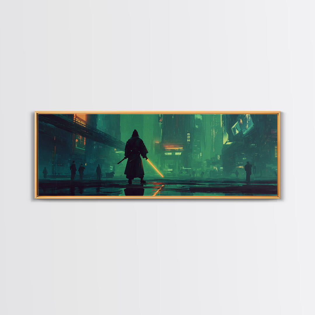 Neon Samurai Portrait Framed Canvas Print, Cyberpunk Art, Space Art, Living Room Decor, Oil Painting, Neon, Cyberpunk Wall Art, CYB-3x1-17