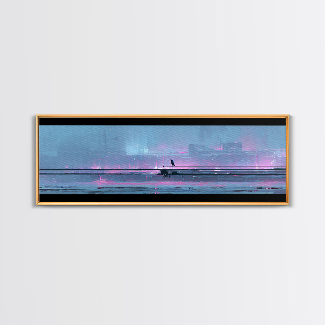 Cybernetic Raven Perched on a Cable Framed Canvas Print, Cyberpunk Art, Textured Painting, Living Room Decor, Fine Art, Neon, CYB-3x1-27