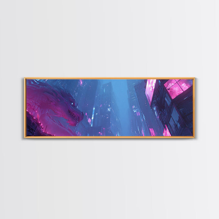 Neon Dragon Wrapped Around Skyscraper Shapes Canvas Print, Cyberpunk Art, Art Print, Living Room Decor, Abstract Art, Neon, CYB-3x1-30
