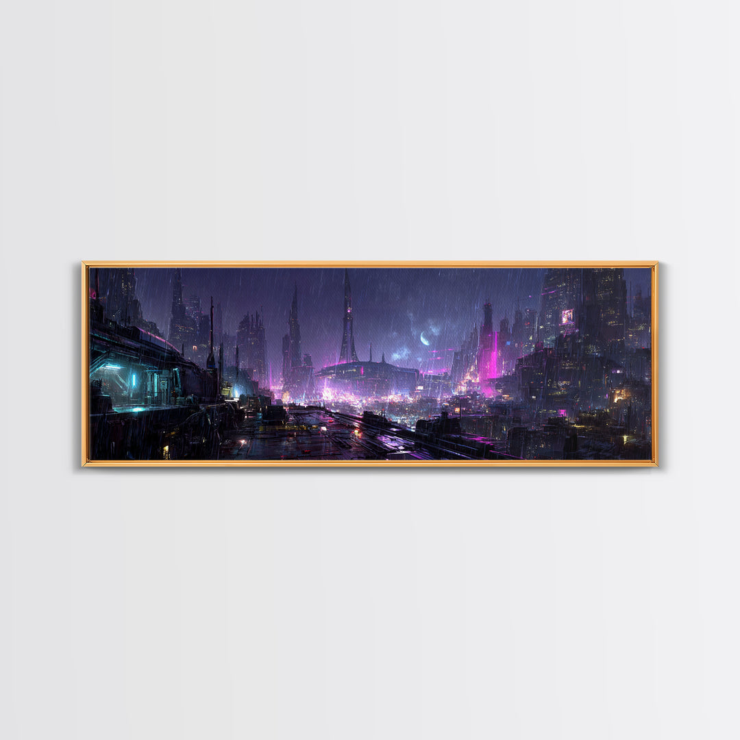 Dystopian Moon over Dense Rooftops Canvas Print, Cyberpunk Art, Canvas Wall Art, Living Room Decor, Abstract Art, Neon, CYB-3x1-34