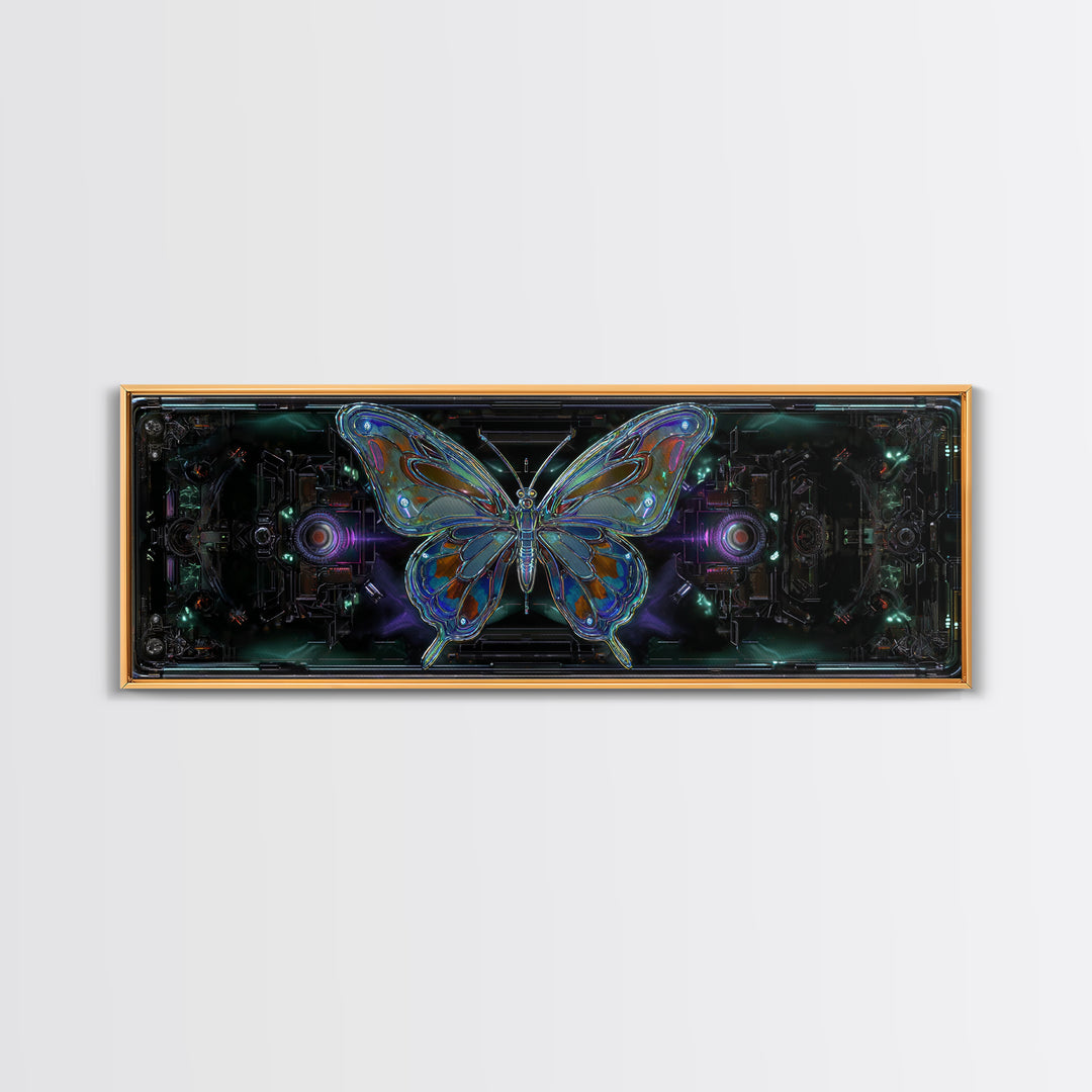 Holographic Butterfly over Black Metal Surface Canvas Print, Cyberpunk Art, Minimalist Decor, Living Room Decor, Fine Art, Neon, CYB-3x1-35