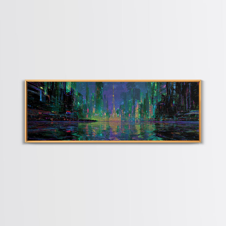 Neon Skyline Reflected Canvas Print, Cyberpunk Art, Abstract Art, Living Room Decor, Neon, Urban Wall Art, Cyberpunk Helmet, CYB-3x1-38