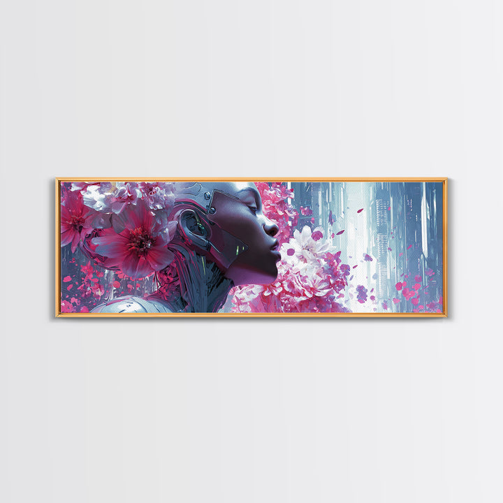 Android Woman with Glowing Circuitry and Flowers Canvas Print, Cyberpunk Art, Digital Art, Living Room Decor, Fine Art, Neon, CYB-3x1-43