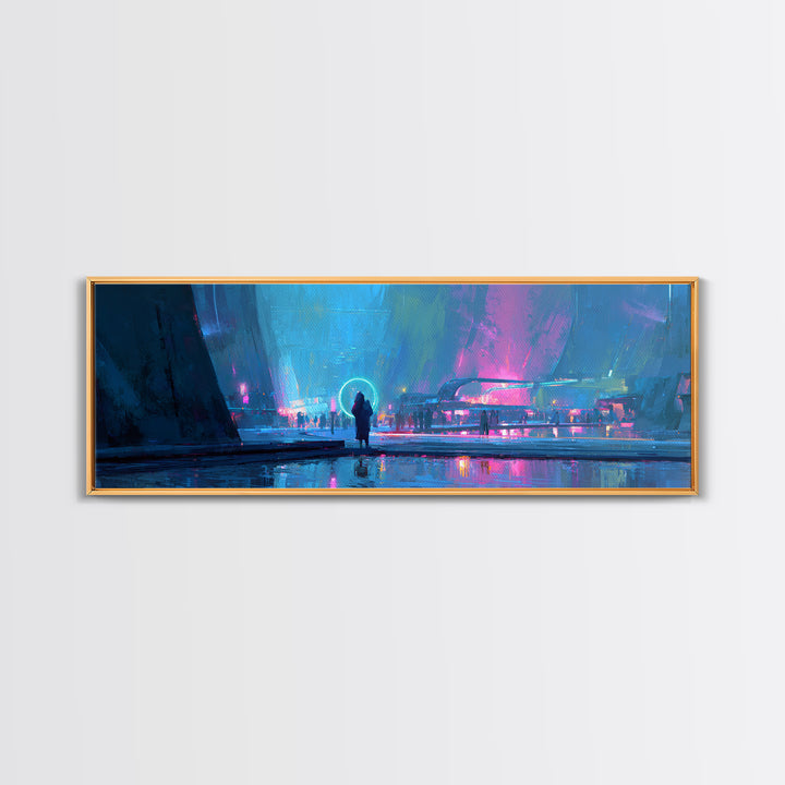 Masked Hacker Figure Canvas Print, Cyberpunk Art, Cyberpunk Decor, Living Room Decor, Neon, Modern Decor, Fine Art Print, CYB-3x1-46
