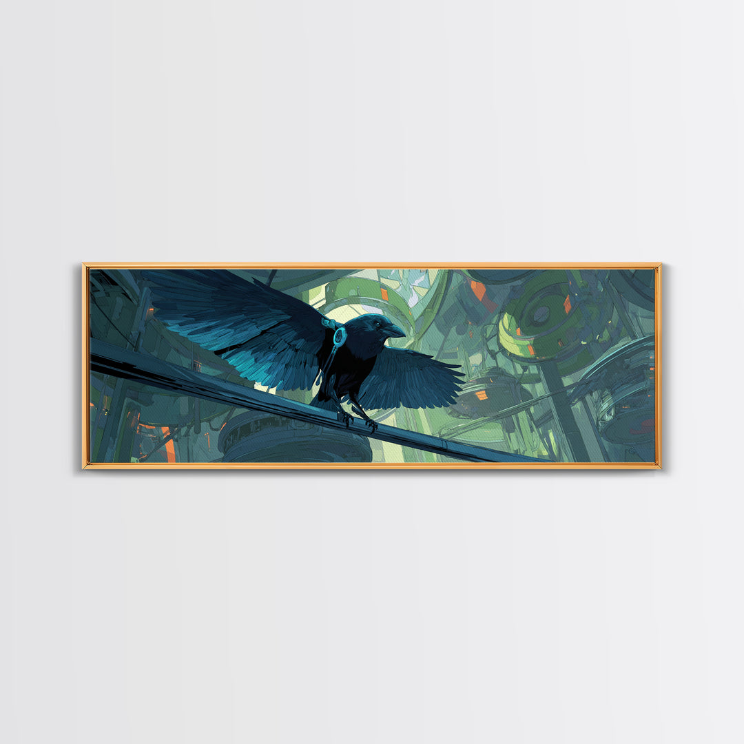 Cybernetic Raven Perched on a Cable Framed Canvas Print, Cyberpunk Art, Cyberpunk 2077, Living Room Decor, Fine Art, Neon, CYB-3x1-51