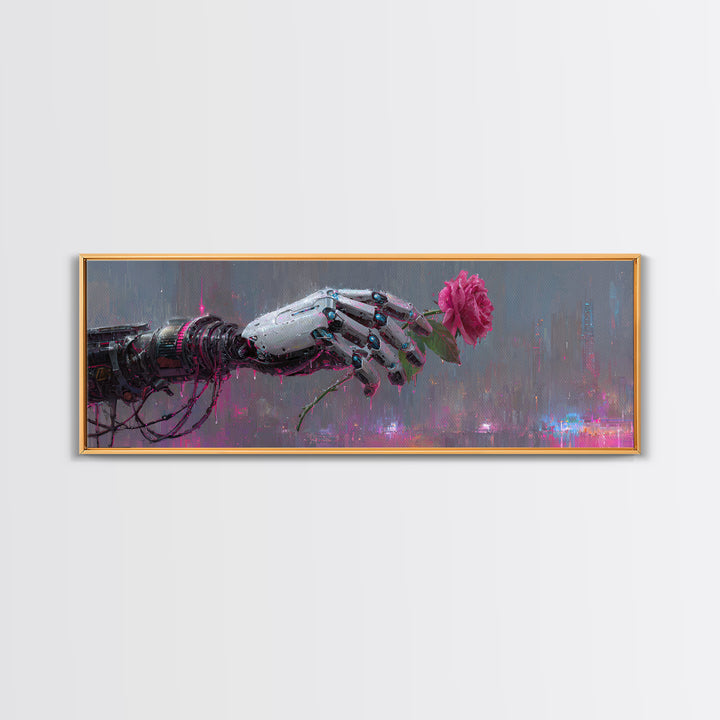 Robotic Hand Holding a Real Rose Framed Canvas Print, Cyberpunk Art, Minimalist Decor, Living Room Decor, Fine Art, Neon, CYB-3x1-56