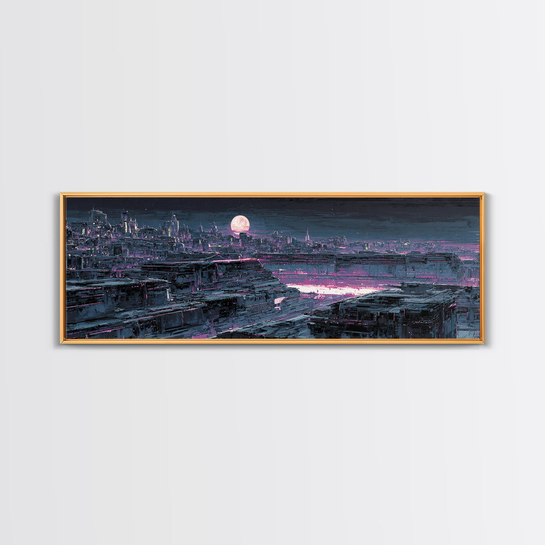 Dystopian Moon over Dense Rooftops Framed Canvas Print, Cyberpunk Art, Blue Wall Art, Living Room Decor, Fine Art, Neon, CYB-3x1-58