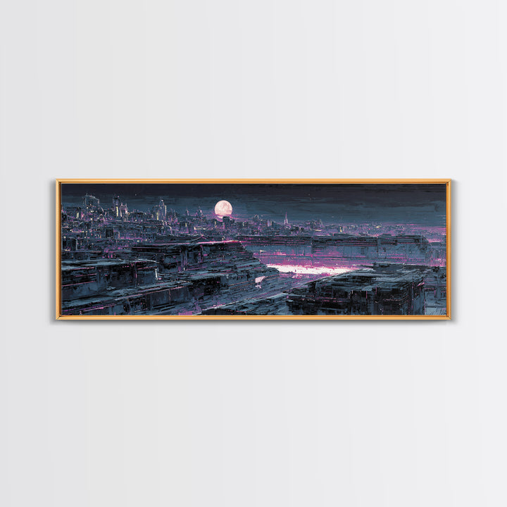 Dystopian Moon over Dense Rooftops Framed Canvas Print, Cyberpunk Art, Blue Wall Art, Living Room Decor, Fine Art, Neon, CYB-3x1-58