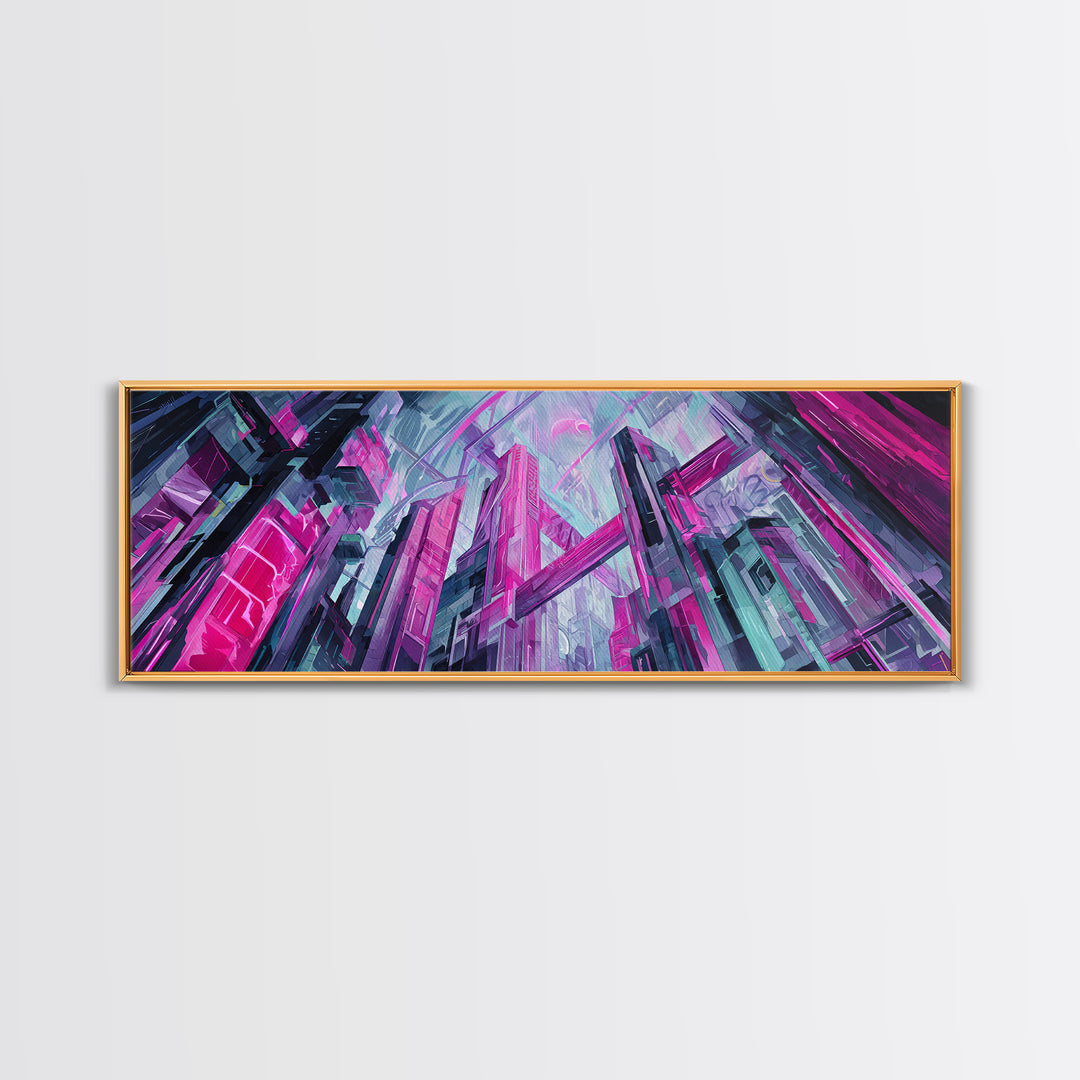 Neon Dragon Wrapped Around Skyscraper Shapes Canvas Print, Cyberpunk Art, Urban Wall Art, Living Room Decor, Abstract Art, Neon, CYB-3x1-6