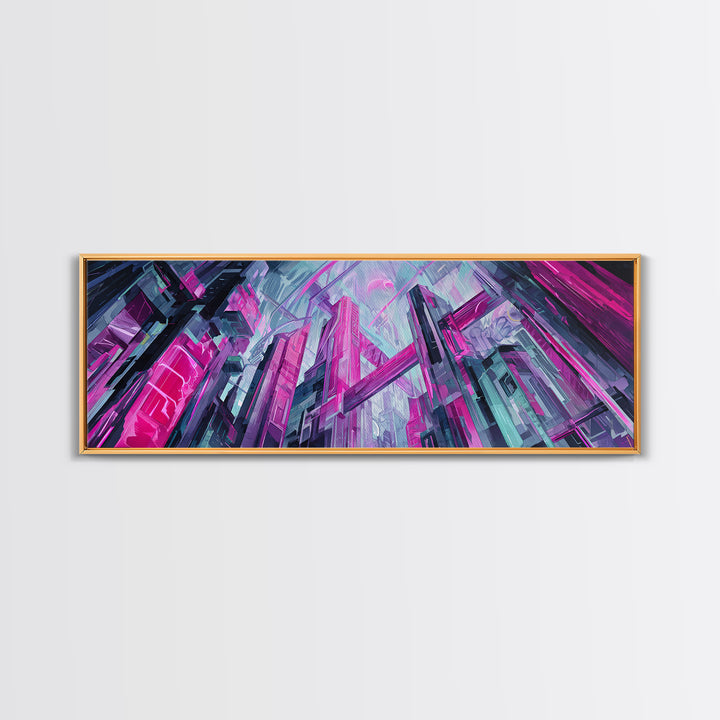 Neon Dragon Wrapped Around Skyscraper Shapes Canvas Print, Cyberpunk Art, Urban Wall Art, Living Room Decor, Abstract Art, Neon, CYB-3x1-6