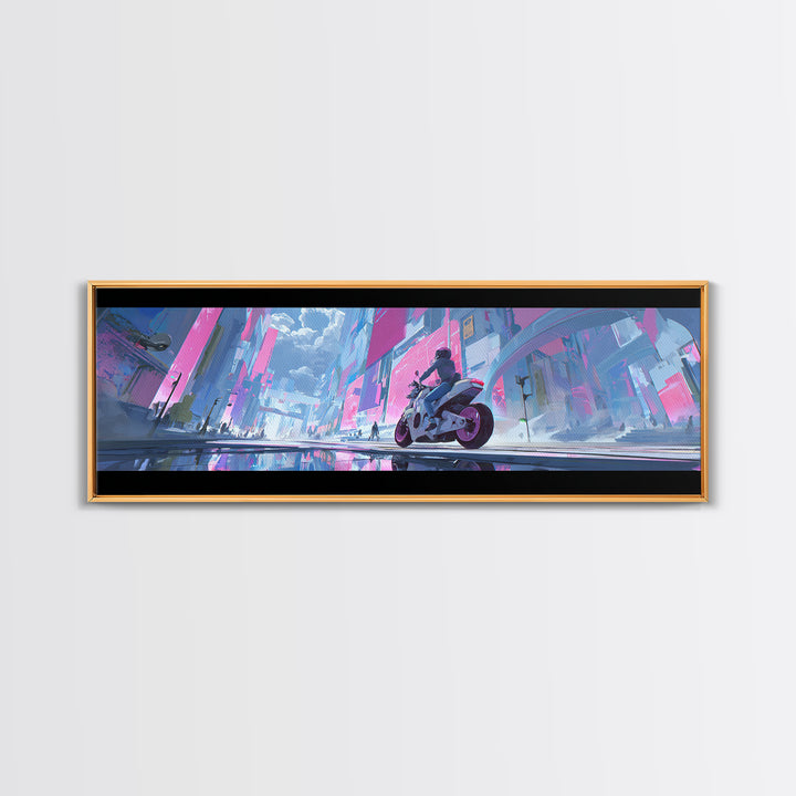 Motorcycle Rider under Holographic Signs Framed Canvas Print, Cyberpunk Art, Home Decor, Living Room Decor, Fine Art, Neon, CYB-3x1-68