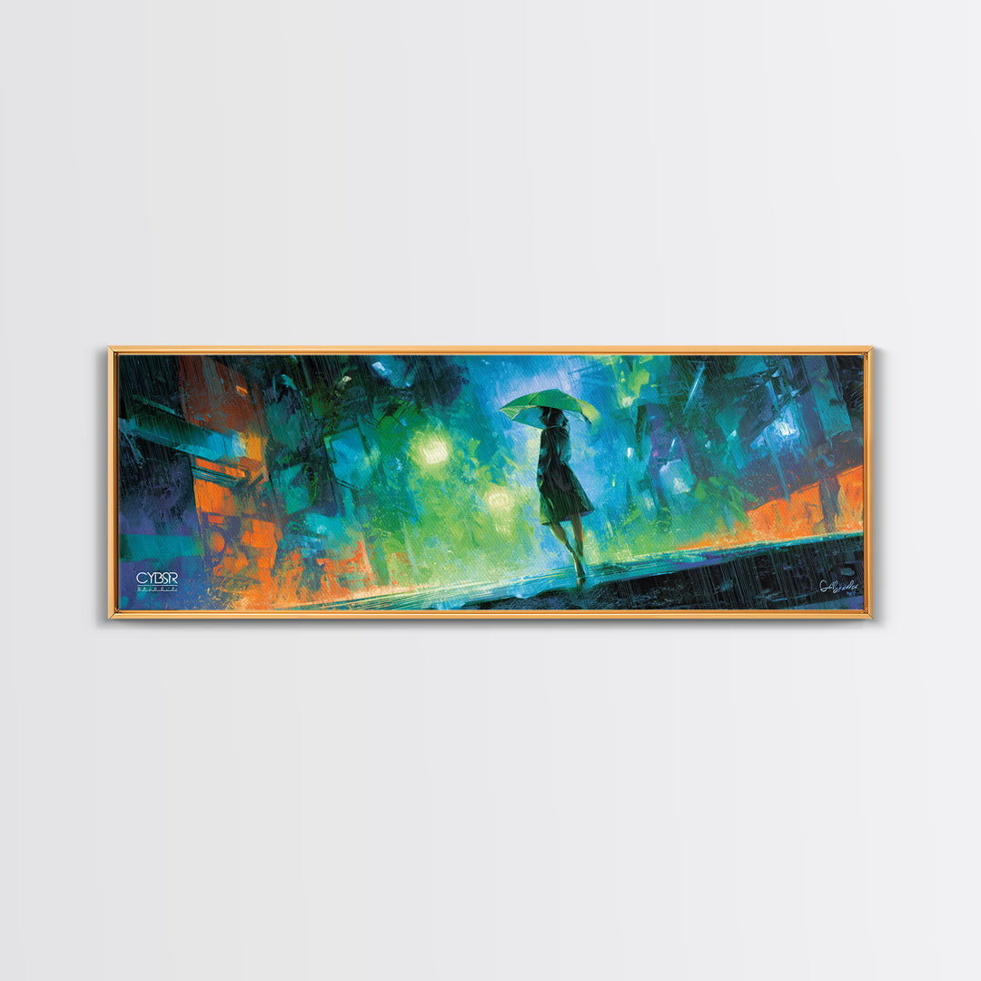 Glowing Umbrella Figure Framed Canvas Print, Cyberpunk Art, Statement Artwork, Living Room Decor, Fine Art, Neon, Art Print, CYB-3x1-7