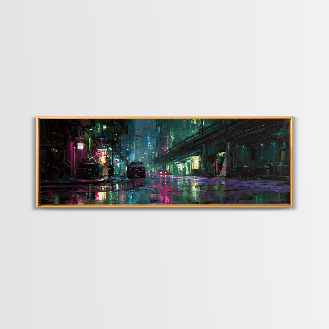 Rain Soaked Alley Framed Canvas Print, Cyberpunk Art, Poster, Living Room Decor, Fine Art, Neon, Modern Wall Art, Japanese Art, CYB-3x1-72
