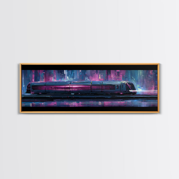 City Train Rushing Through Pink Electric Haze Framed Canvas Print, Cyberpunk Art, Minimalist Poster, Living Room Decor, Neon, CYB-3x1-77