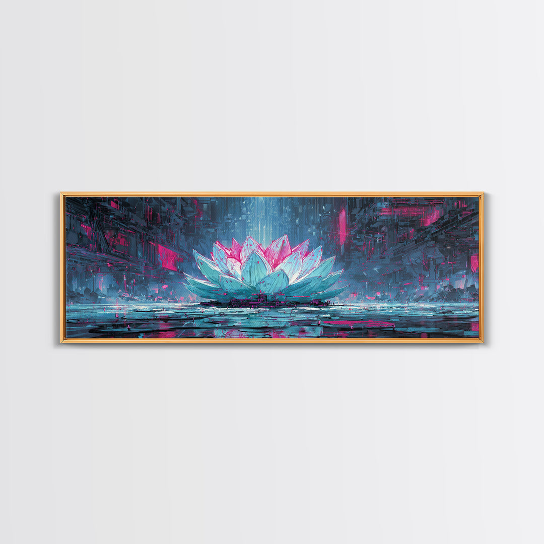 Electric Lotus Flower Framed Canvas Print, Cyberpunk Art, Cyberpunk Tarot, Living Room Decor, Watercolor Art, Neon, CYB-3x1-81