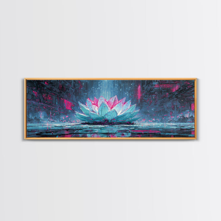 Electric Lotus Flower Framed Canvas Print, Cyberpunk Art, Cyberpunk Tarot, Living Room Decor, Watercolor Art, Neon, CYB-3x1-81