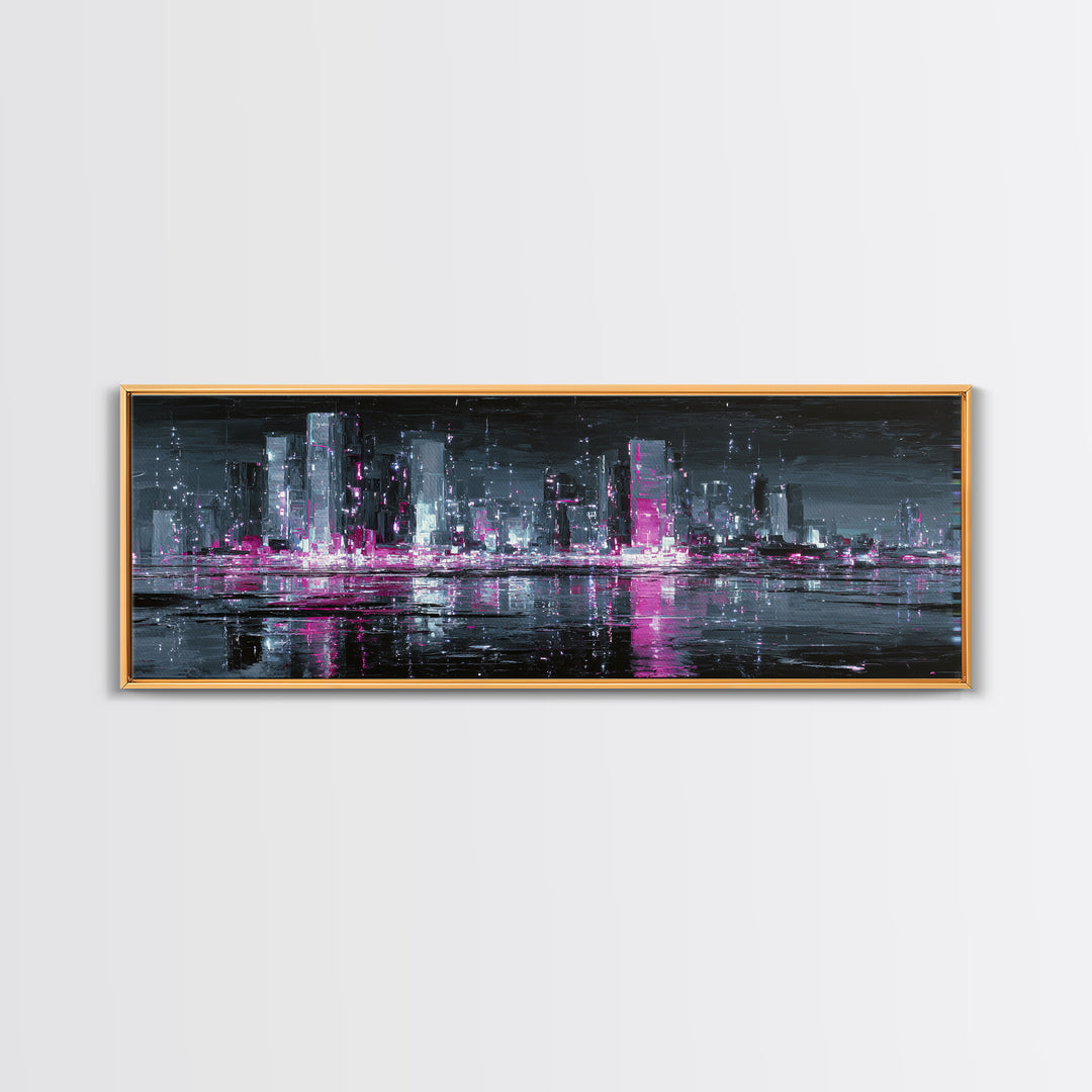 Neon Skyline Reflected Canvas Print, Cyberpunk Art, Japanese Art, Living Room Decor, Abstract Art, Neon, Cyberpunk Tarot, CYB-3x1-86