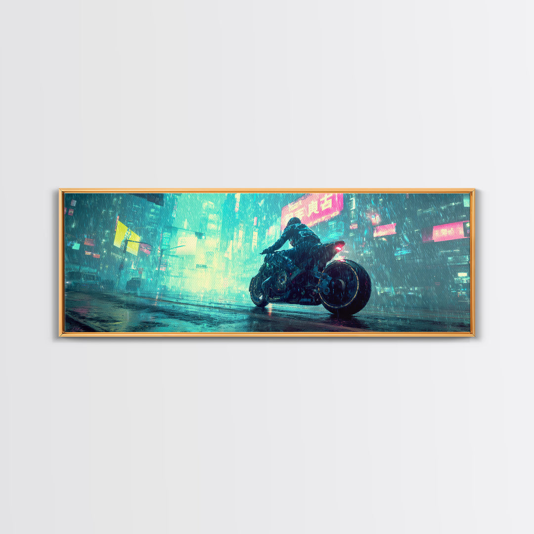 Motorcycle Rider under Holographic Signs Canvas Print, Cyberpunk Art, Printable Wall Art, Living Room Decor, Fine Art, Neon, CYB-3x1-92