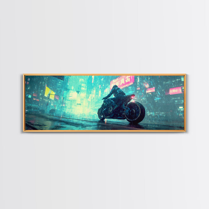 Motorcycle Rider under Holographic Signs Canvas Print, Cyberpunk Art, Printable Wall Art, Living Room Decor, Fine Art, Neon, CYB-3x1-92