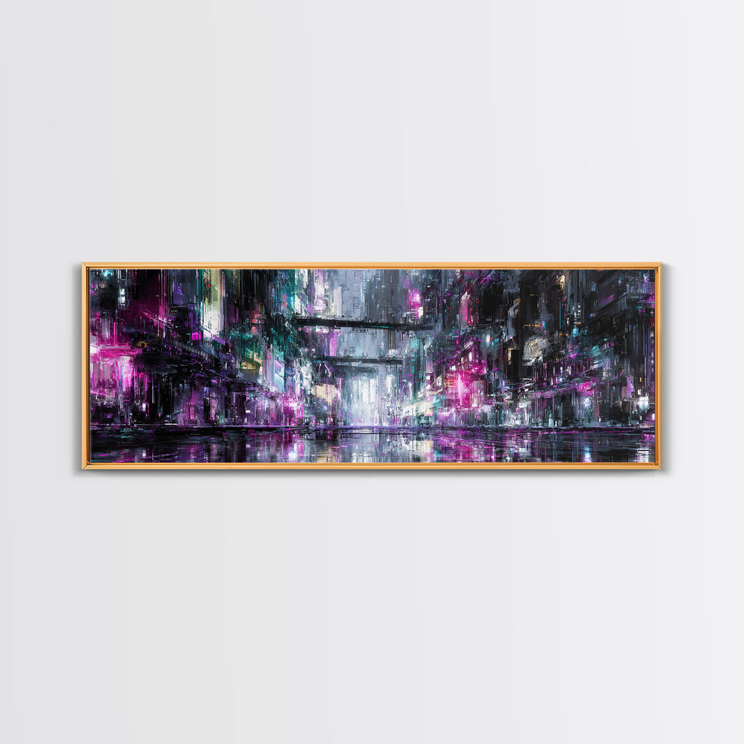 Rain Soaked Alley Canvas Print, Cyberpunk Art, Textured Painting, Living Room Decor, Abstract Art, Neon, Digital Wall Art, CYB-3x1-96