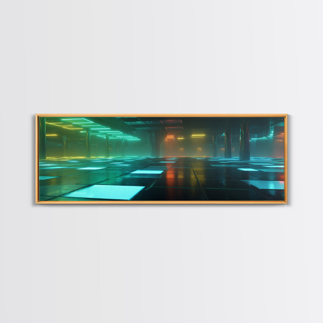 Retro Arcade Dystopia Canvas Print, Cyberpunk Art, Minimalist Poster, Living Room Decor, Fine Art, Neon, Textured Painting, CYB-3x1-98