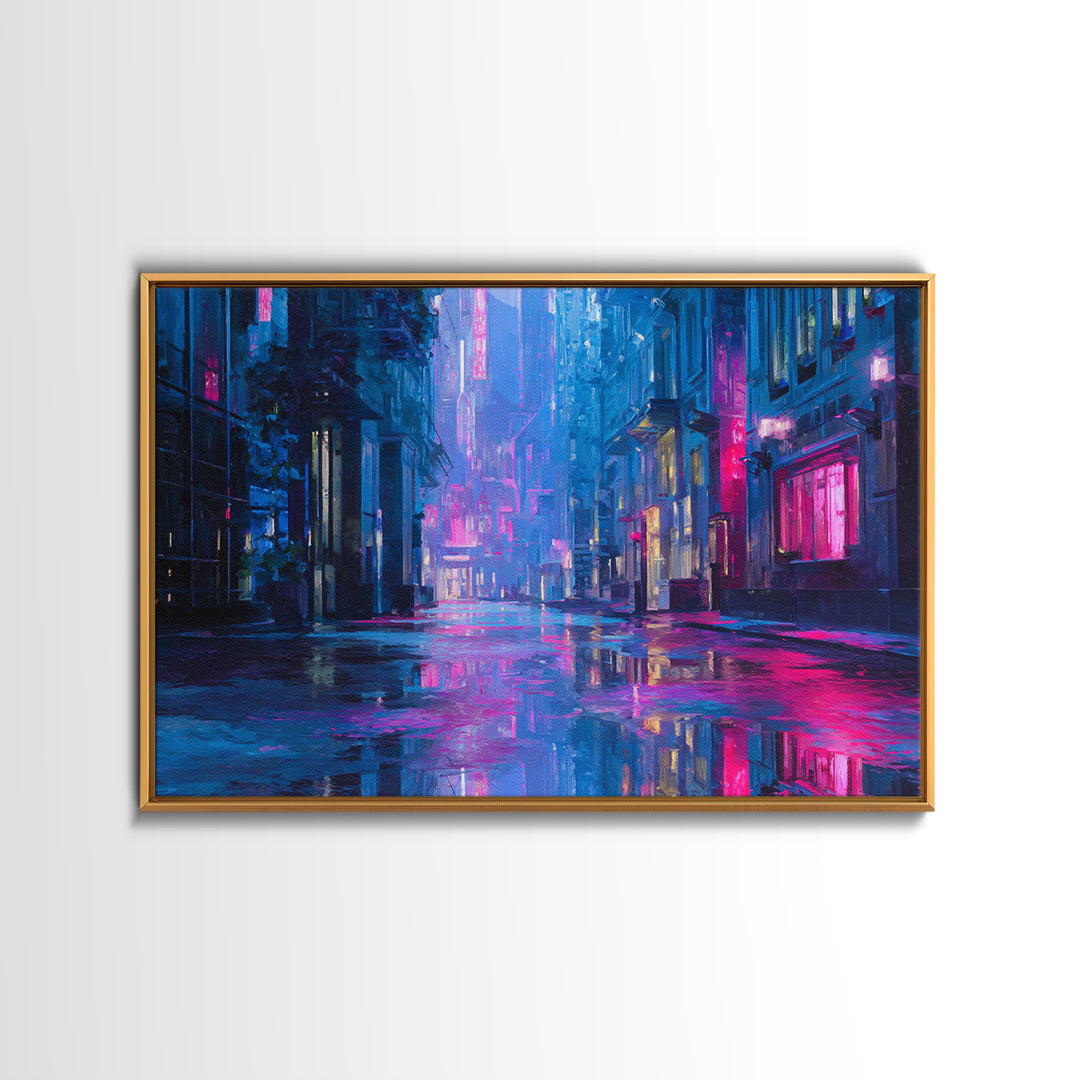 Rain Soaked Alley Canvas Print, Cyberpunk Art, Digital Art Print, Living Room Decor, Fine Art, Neon, Statement Artwork, CYB-3x2-12