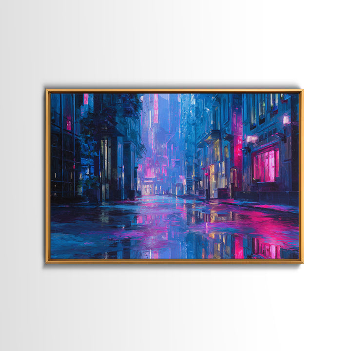 Rain Soaked Alley Canvas Print, Cyberpunk Art, Digital Art Print, Living Room Decor, Fine Art, Neon, Statement Artwork, CYB-3x2-12