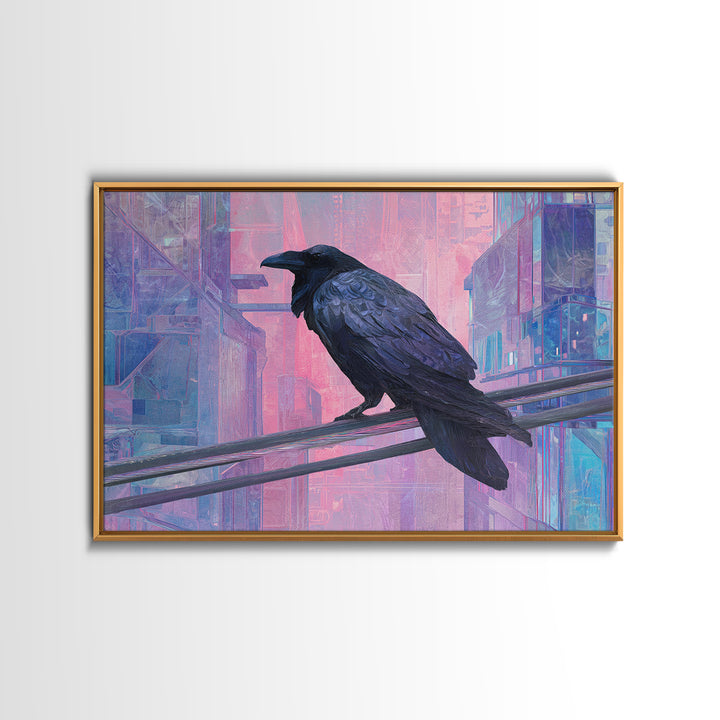 Cybernetic Raven Perched on a Cable Framed Canvas Print, Cyberpunk Art, Digital Download Art, Living Room Decor, Fine Art, Neon, CYB-3x2-15