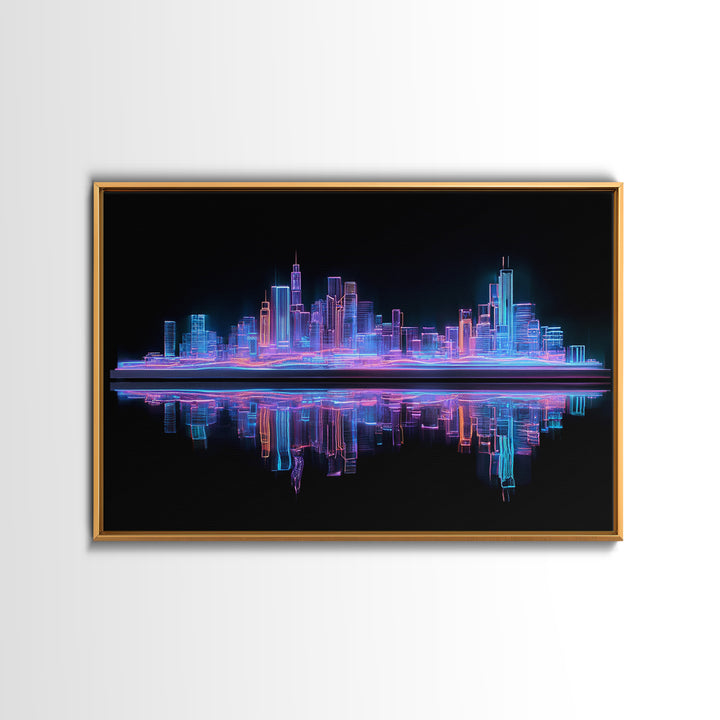 Neon Skyline Reflected Framed Canvas Print, Cyberpunk Art, Gothic Decor, Living Room Decor, Abstract Art, Neon, CYB-3x2-2