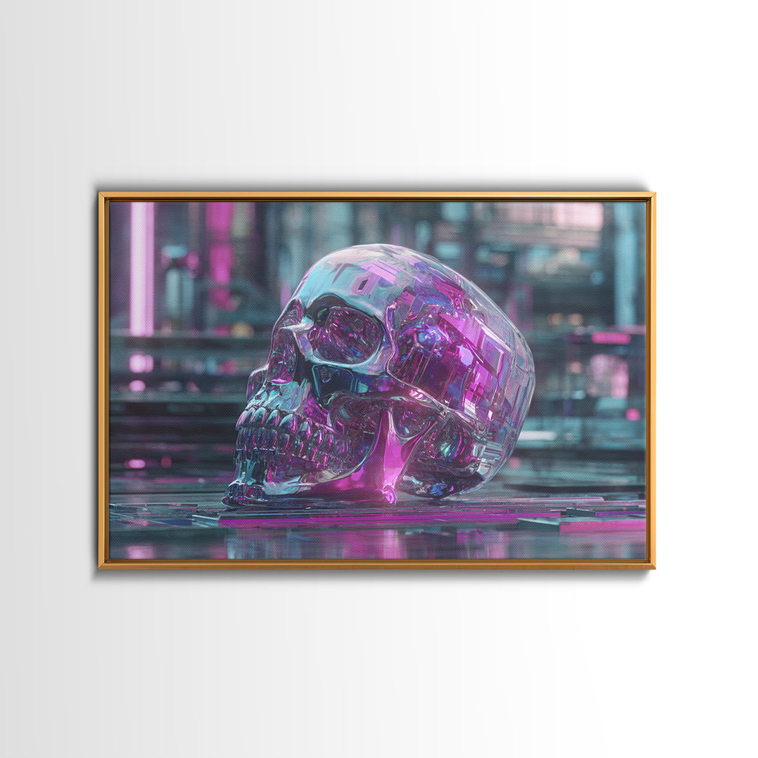 Cyberpunk Skull with Chrome and Violet Light Framed Canvas Print, Cyberpunk Art, Urban Wall Art, Living Room Decor, Neon, CYB-3x2-24
