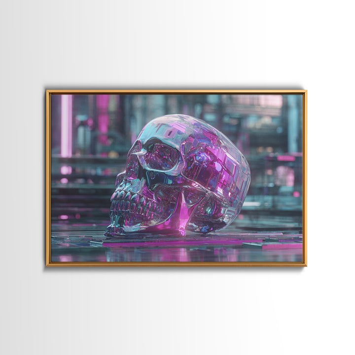 Cyberpunk Skull with Chrome and Violet Light Framed Canvas Print, Cyberpunk Art, Urban Wall Art, Living Room Decor, Neon, CYB-3x2-24
