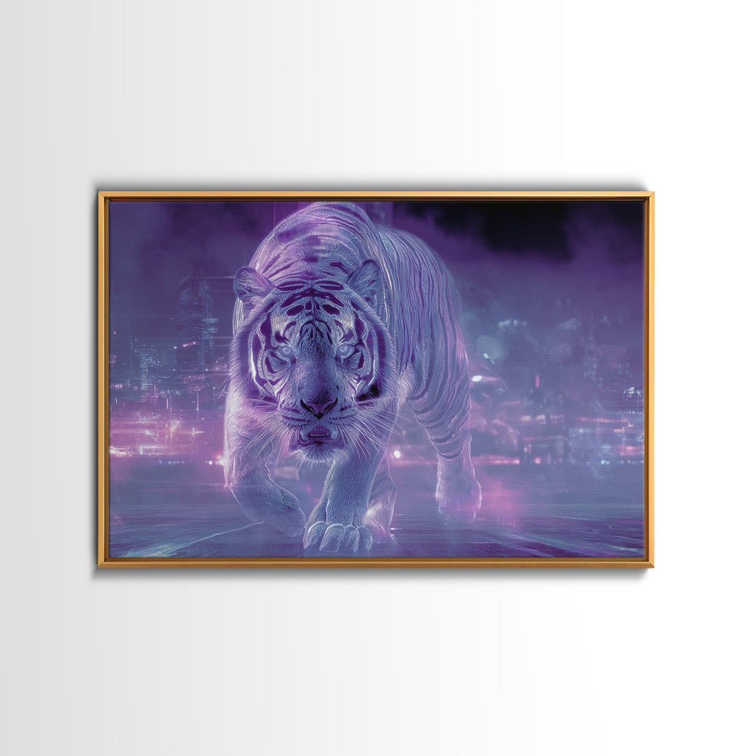 Neon Tiger Emerging from Digital Fog Canvas Print, Cyberpunk Art, Fantasy Art, Living Room Decor, Oil Painting, Neon, CYB-3x2-37