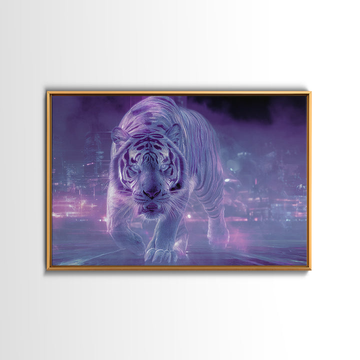 Neon Tiger Emerging from Digital Fog Canvas Print, Cyberpunk Art, Fantasy Art, Living Room Decor, Oil Painting, Neon, CYB-3x2-37