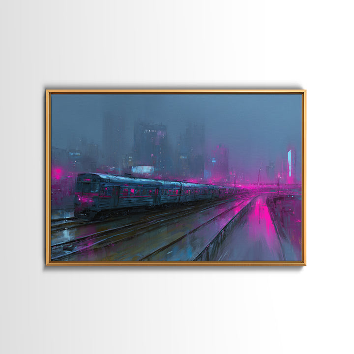 City Train Rushing Through Pink Electric Haze Canvas Print, Cyberpunk Art, Modern Wall Decor, Living Room Decor, Neon, CYB-3x2-41