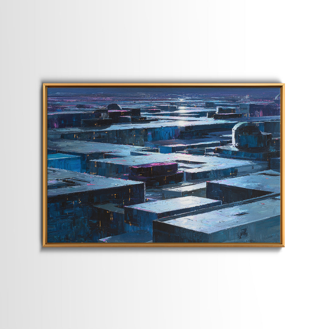 Dystopian Moon over Dense Rooftops Framed Canvas Print, Cyberpunk Art, Cyberpunk Decor, Living Room Decor, Fine Art, Neon, CYB-3x2-46