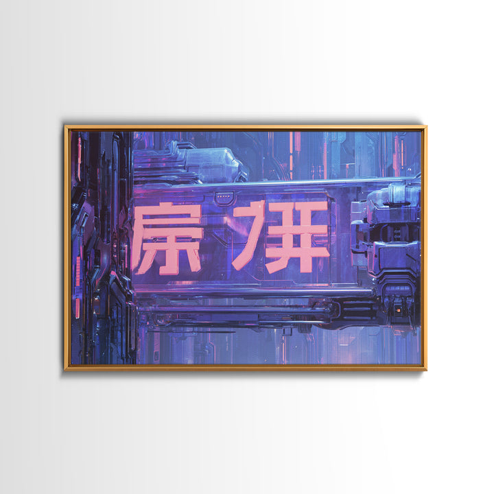 Glowing Kanji Shapes Canvas Print, Cyberpunk Art, Neutral Decor, Living Room Decor, Fine Art, Neon, Home Decor, Poster, CYB-3x2-49
