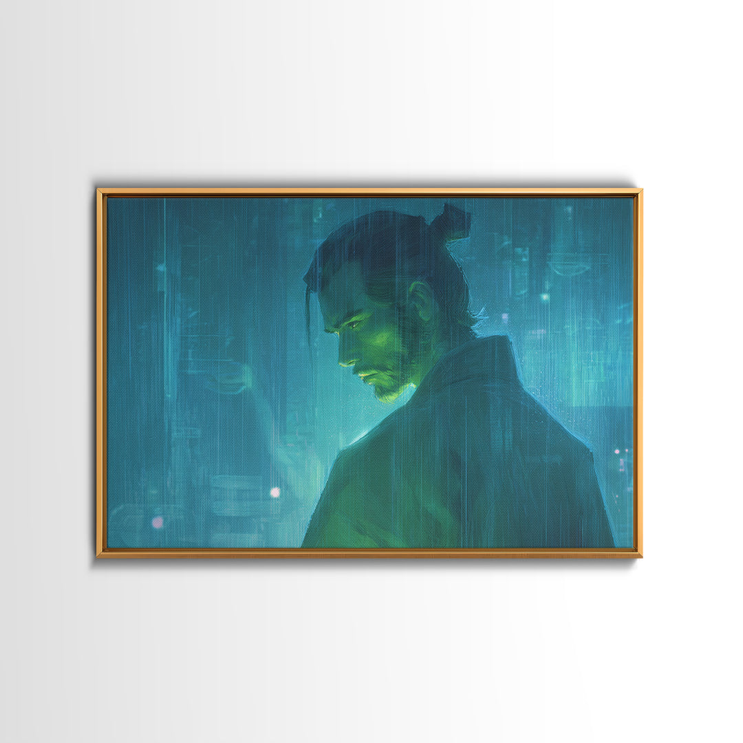 Neon Samurai Portrait Framed Canvas Print, Cyberpunk Art, Minimalist Poster, Living Room Decor, Fine Art, Neon, CYB-3x2-5