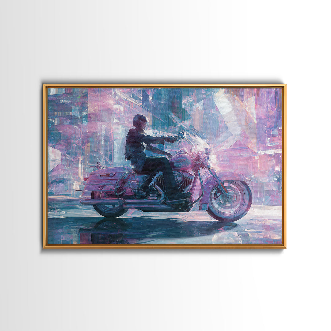 Motorcycle Rider under Holographic Signs Canvas Print, Cyberpunk Art, Room Decor, Living Room Decor, Neon 556, Cyberpunk, CYB-3x2-56