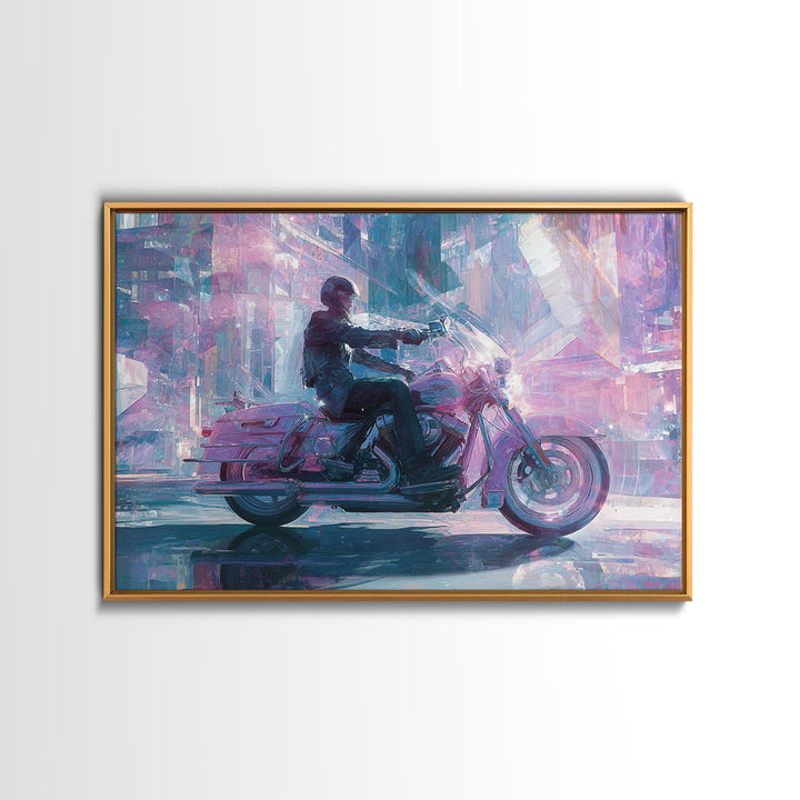 Motorcycle Rider under Holographic Signs Canvas Print, Cyberpunk Art, Room Decor, Living Room Decor, Neon 556, Cyberpunk, CYB-3x2-56