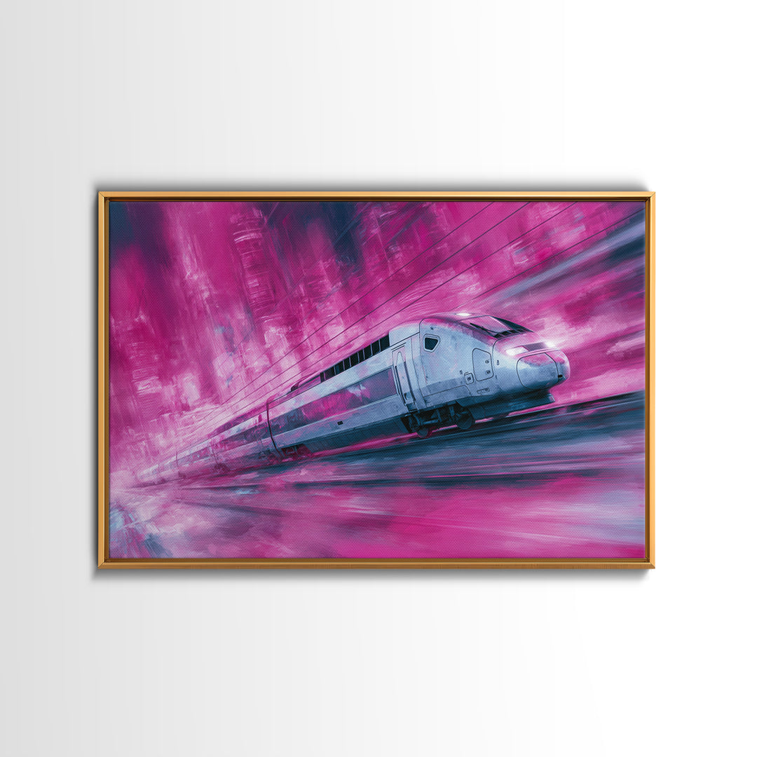 City Train Rushing Through Pink Electric Haze Canvas Print, Cyberpunk Art, Modern Wall Decor, Living Room Decor, Neon, CYB-3x2-65