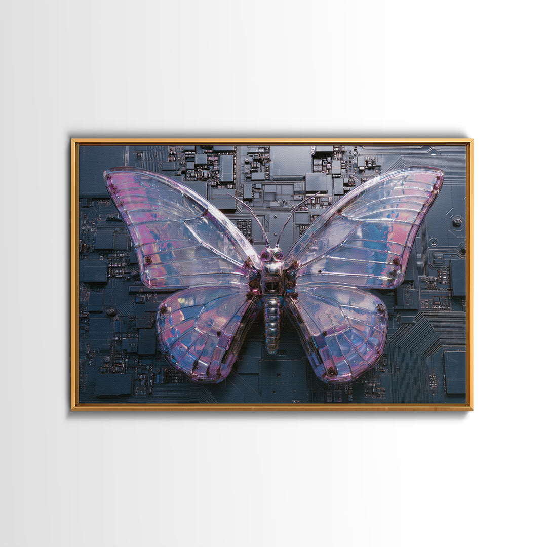 Holographic Butterfly over Black Metal Surface Framed Canvas Print, Cyberpunk Art, Modern Wall Decor, Living Room Decor, Neon, CYB-3x2-71