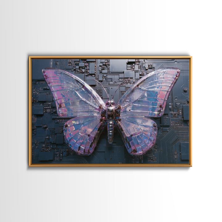 Holographic Butterfly over Black Metal Surface Framed Canvas Print, Cyberpunk Art, Modern Wall Decor, Living Room Decor, Neon, CYB-3x2-71